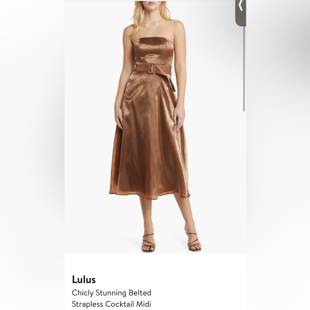 Lulu’s Chicly Stunning Shiny Brown Strapless Belted Midi Dress